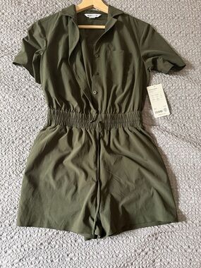 Avenue Olive Green Short Sleeve Romper with Elastic Waist
